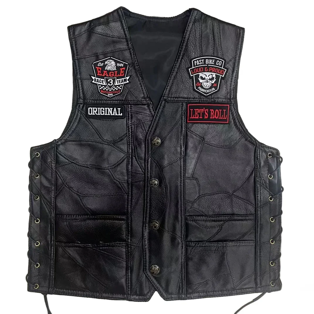 New Motorcycle Riding Leather Vest Embroidery Moto Sleeveless Jacket Waistcoat Street Fashion Biker Vests Punk Veste for Man