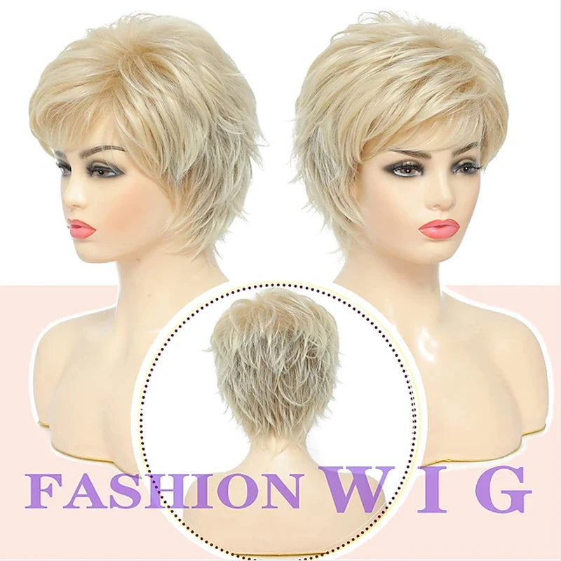 HAIRJOY Short Curly Blonde Wigs  Pixie Cut Wig for Women Synthetic Hair Wig with Bangs