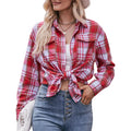 Women Plaid Long Sleeve Shirt Lapel Button Down Oversized Blouse Casual Loose Tunic Top Classic Checkered Pattern Casual Daily