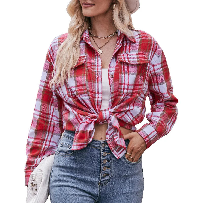 Women Plaid Long Sleeve Shirt Lapel Button Down Oversized Blouse Casual Loose Tunic Top Classic Checkered Pattern Casual Daily