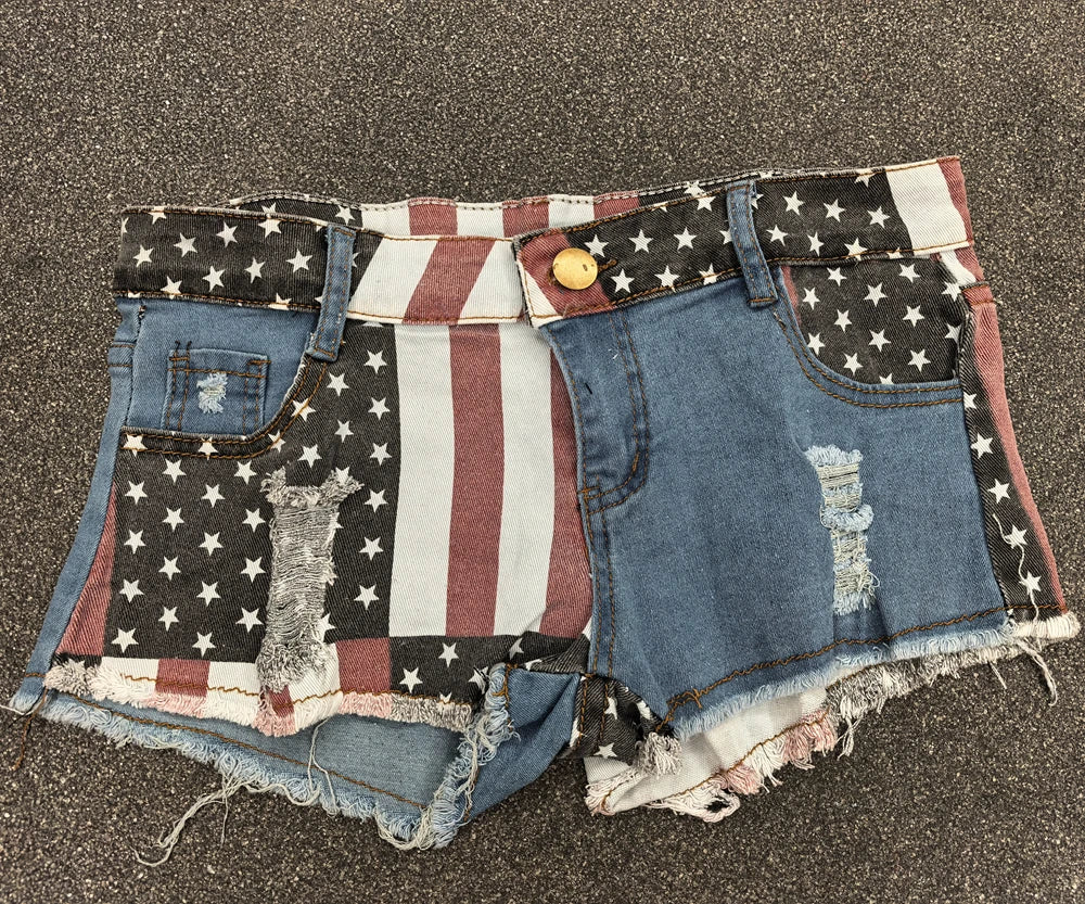 Women USA National Flag Denim Jeans Shorts Low Waist American Flag Mini Shorts Printed Pole Dance Skinny Vintage Pants Jeans