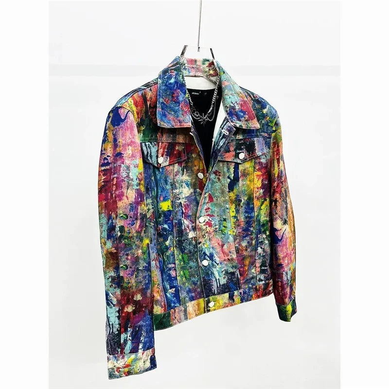 Urban Graffiti Oil Painting Denim Jacket Men's Loose Casual Fashionable Versatile Short Sleeve Flip Collar Coat by BuPaiDui