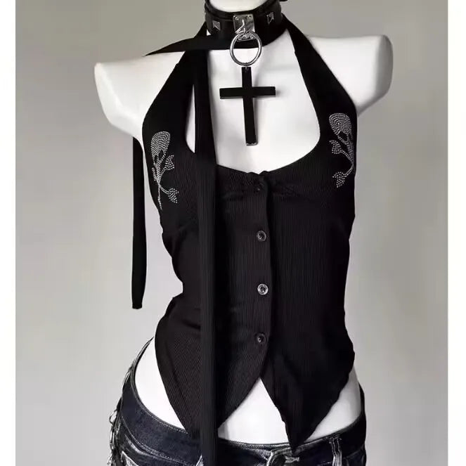 Punk Vintage Y2K Subculture Halter Vest Gothic Skulls Print Tanks New Women's Halter Top Harajuku Sexy Slim Tops Women Clothing