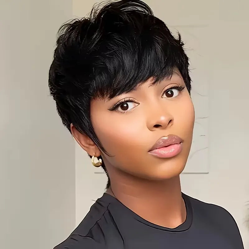 Short Layered Pixie Wigs Human Hair 100% Natural Realistic Tangle Free Pre Plucked Full Machine Made With Bangs For Women