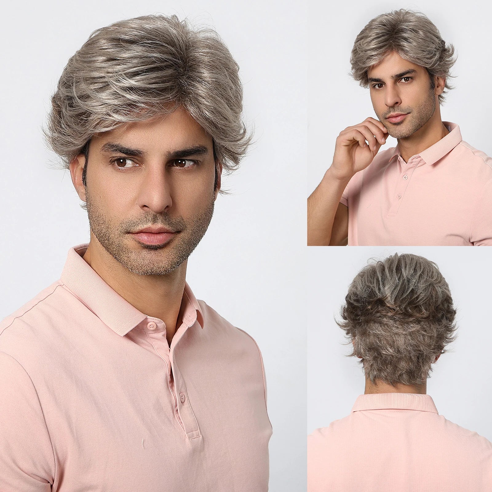ALAN EATON Dark Brown Short Wig for Men Side Part Synthetic Layered Wigs with Bangs Natural Looking Synthetic Hair Full Wig