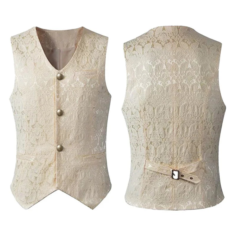 Medieval Men's Gothic Jackets Vintage Jacquard Waistcoats Steampunk Cosplay Costumes Double Breasted Slim Tuxedo Vests Tops Male