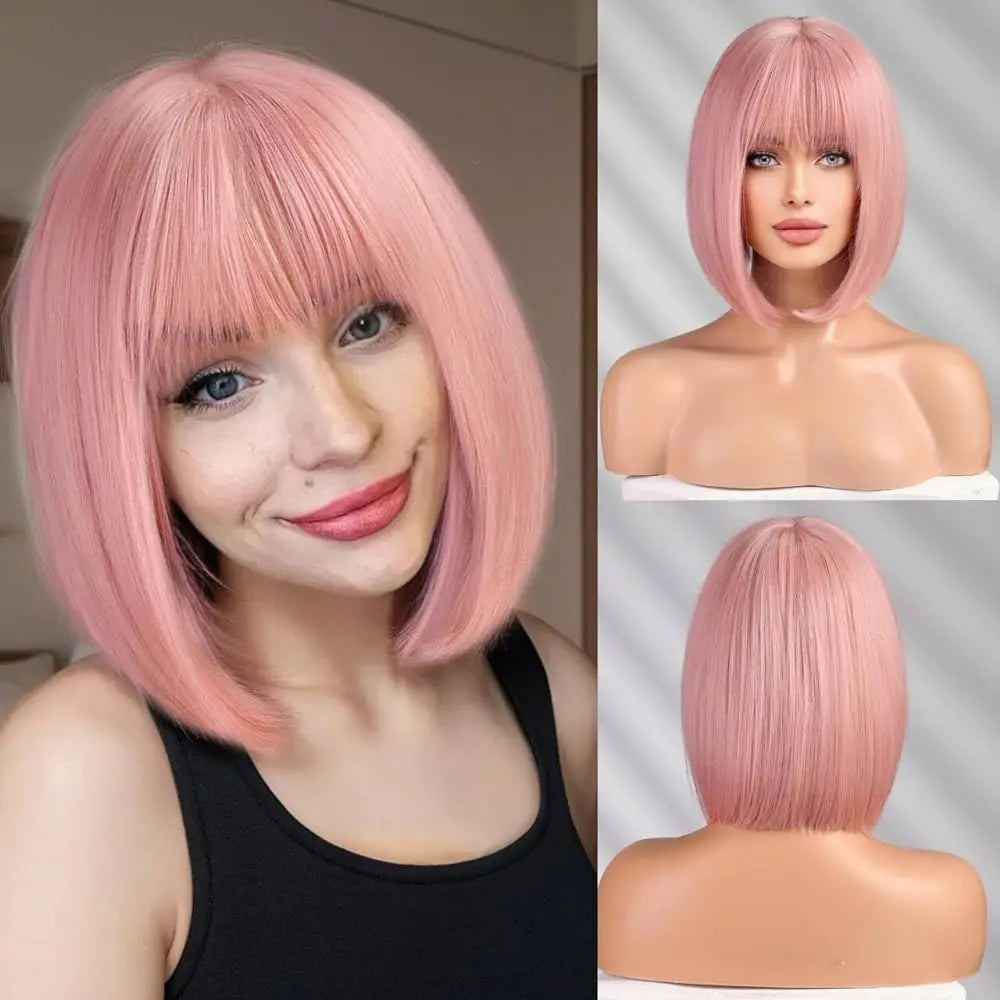 Short Straight Bob Wigs for Women Black Brown Synthetic Natural Hair Wig with Bangs Heat Resistant Cosplay Daily Use Hair