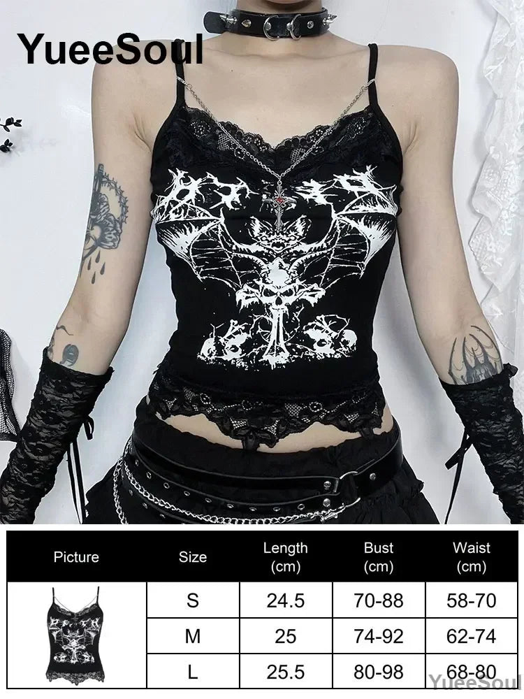 Gothic Crop Tops Black Lace Mesh Tanks Tops 2026 New Y2K Goth Punk Grunge Fairy Core Sexy Y2K Halloween 2000s Women Clothing