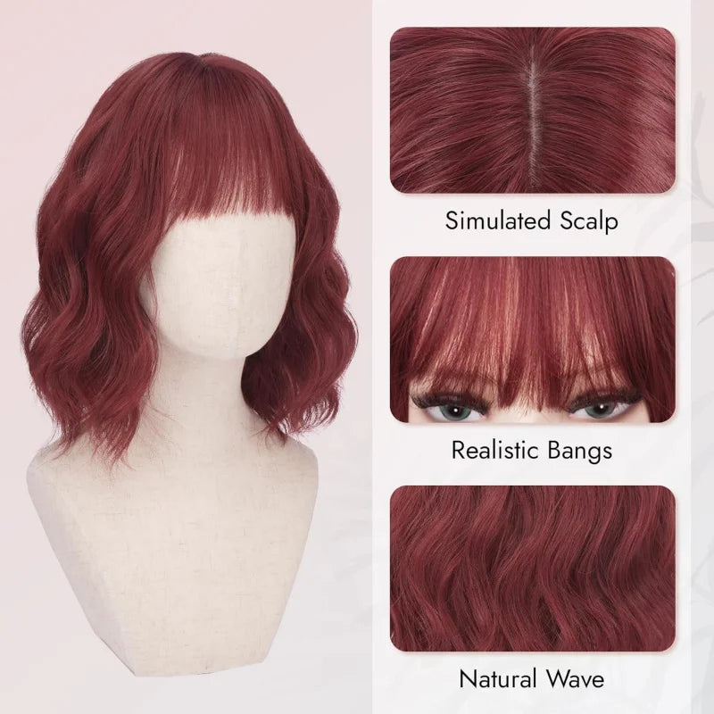Short Wavy Bob Wig with Bangs Women Brown Highlight Synthetic Wig for Women Natural Curly Wig for Cosplay Daily Party Hallo