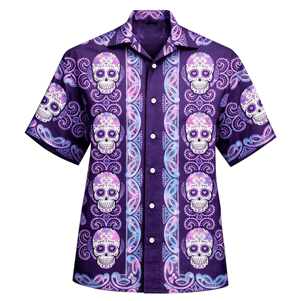 Men's Hawaiian Sugar Skull Shirt, Floral Hibiscus Print, Casual Summer Beach Button-Down