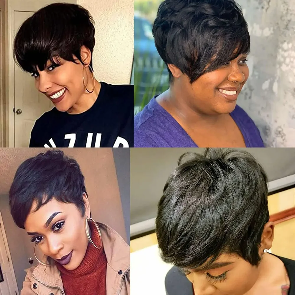 Cheap Short Human Hair Wigs with Bangs 6inch Short Pixie Cut Straight Wig 100% Human Hair for Women Machine Made
