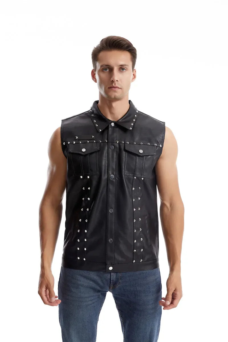 Men's Punk Style Leather Vests With Bandage Fashion Club Stage Wear Waistcoat Skinny PU Sleeveless Jacket For Male Size M-4XL
