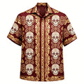 Men's Hawaiian Sugar Skull Shirt, Floral Hibiscus Print, Casual Summer Beach Button-Down
