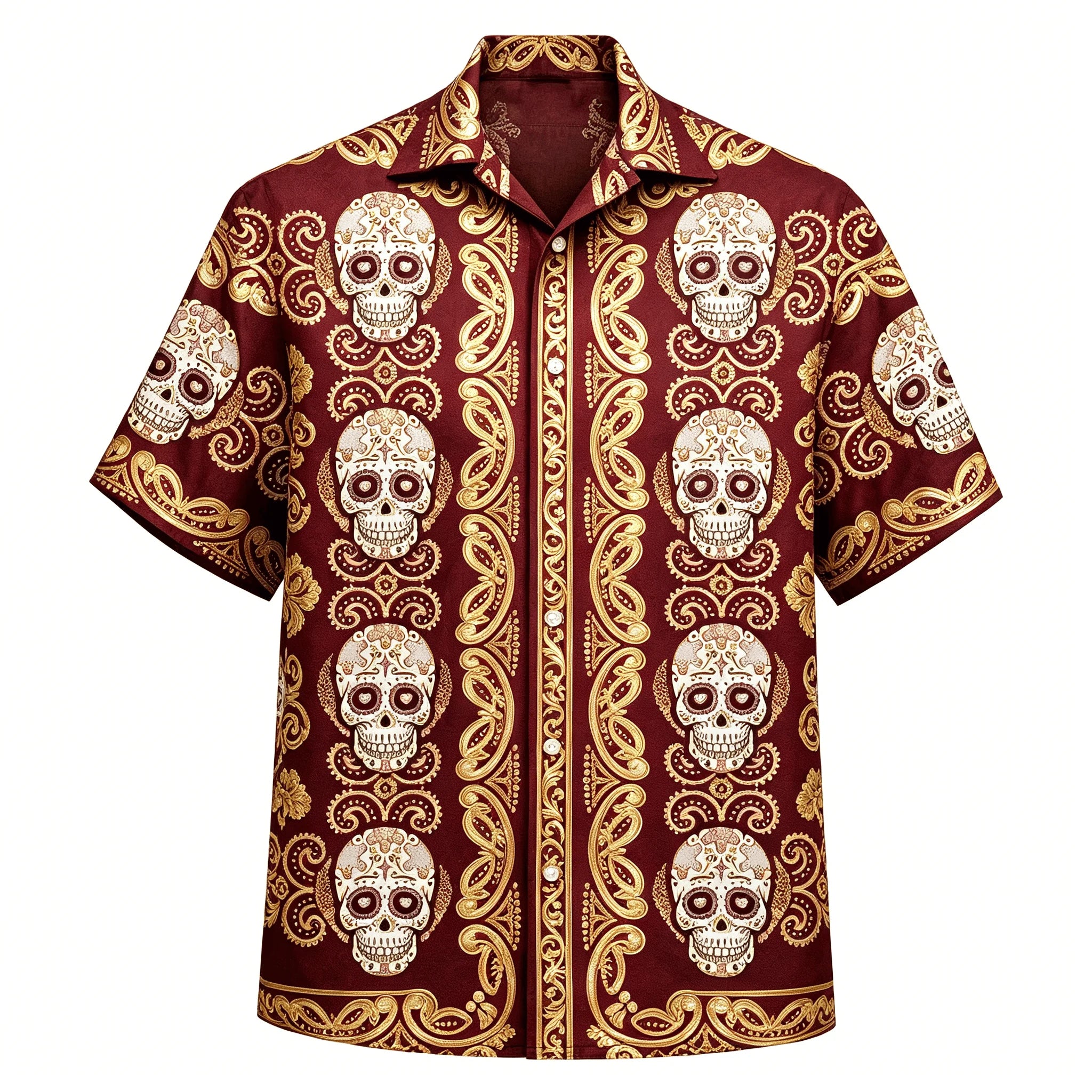 Men's Hawaiian Sugar Skull Shirt, Floral Hibiscus Print, Casual Summer Beach Button-Down