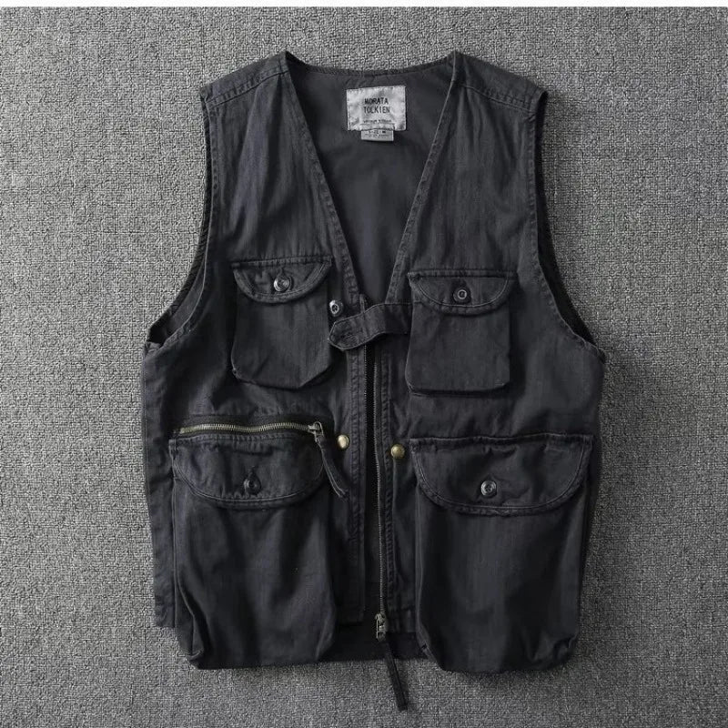 American Style Tactical Vest Men's Camouflage Outdoor Canvas Workwear Jacket Loose Fit V-Neck Single Button Closure Cotton