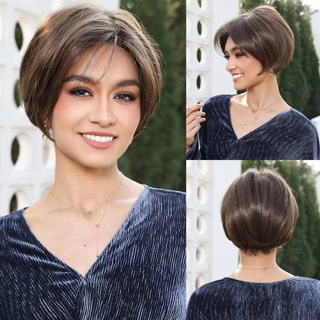MONO Lace Frontal Synthetic Wigs Short Straight Bob Wig Highlight Gray Brown Blonde Mixed Wig for Women Daily wig Hear Resistant