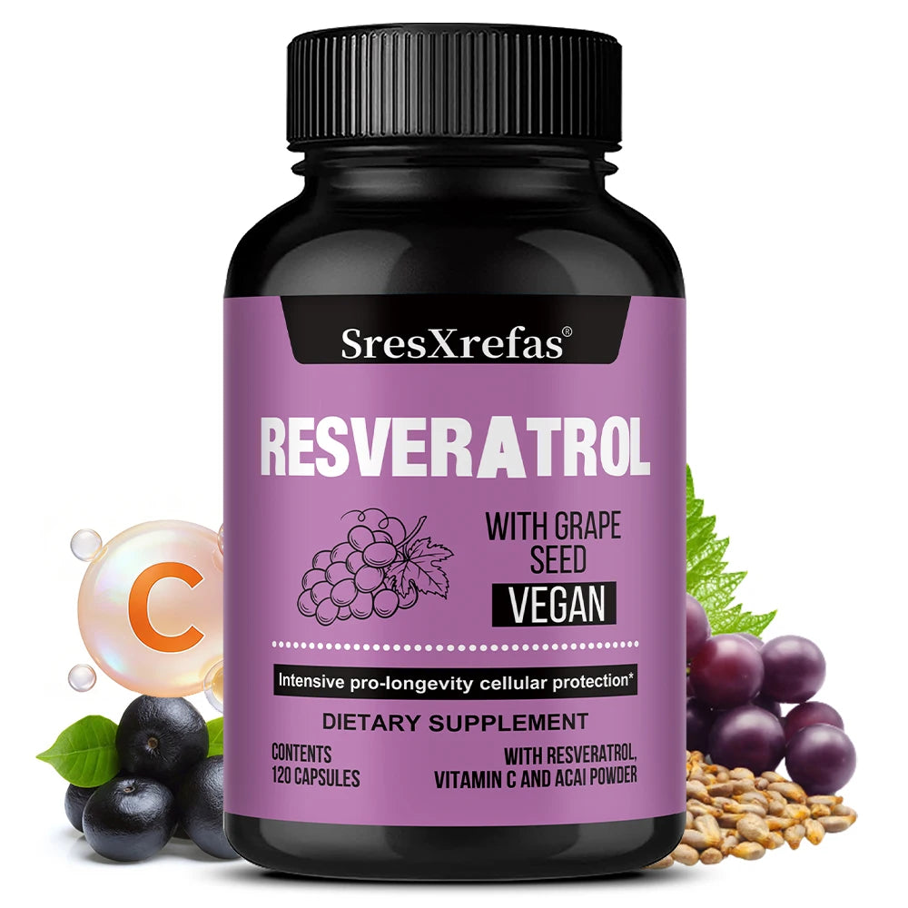 Resveratrol Supplement, Extra Strength Formula for Healthy Aging, Immune Support, Vegan Capsules with Grape Seed Extract