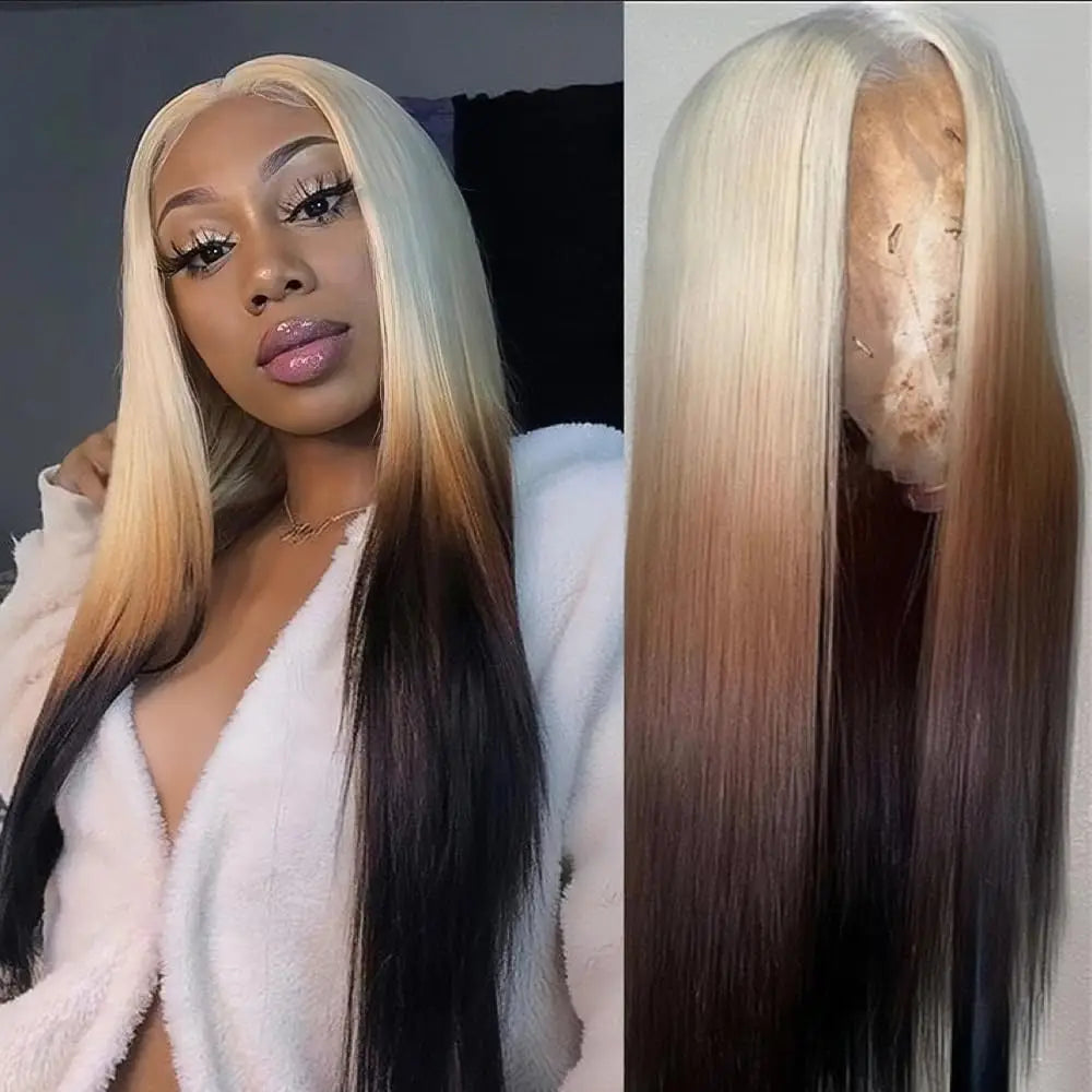 Ombre Blonde 13x6 Lace Front Wig Synthetic Wig Blonde 613 Roots With Black Ends Straight Transparent HD Lace Frontal Wig Cosplay