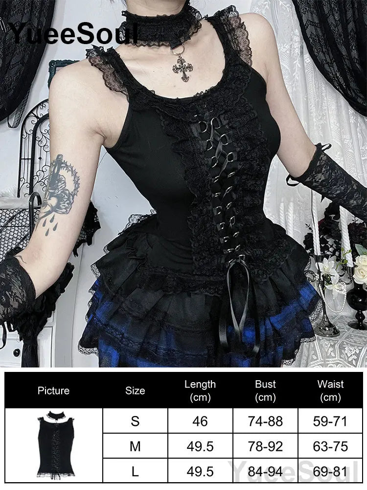 Gothic Crop Tops Black Lace Mesh Tanks Tops 2026 New Y2K Goth Punk Grunge Fairy Core Sexy Y2K Halloween 2000s Women Clothing
