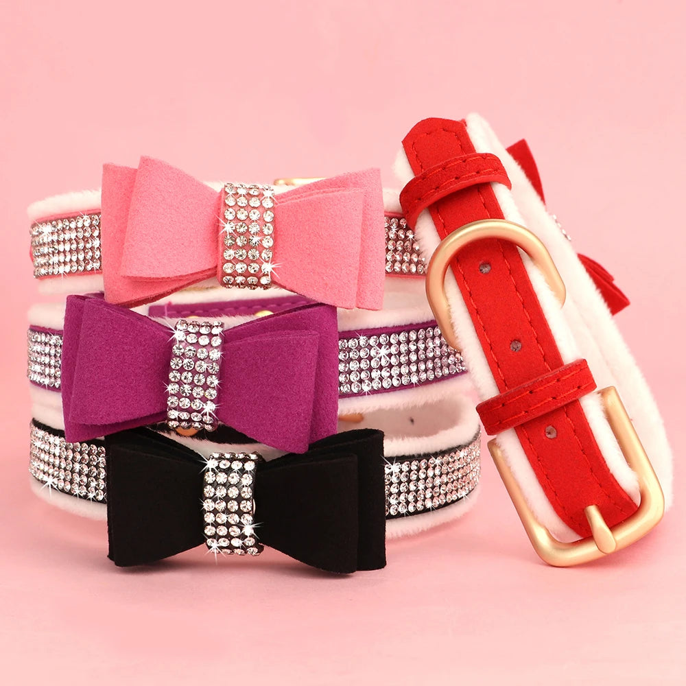 Bling Rhinestone Dog Collar Cute Bowknot Puppy Cat Collars Soft Padded Pet Necklace With Bowtie Warm For Small Dogs Chihuahua