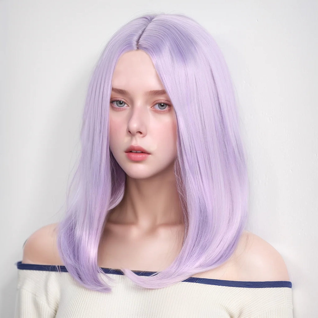 Short Straight Hair Wig with Inward Curls and Middle Parting in Light Purple for Women's Outfits. Soft Synthetic, Heat-Resistant, and Durable. Suitable for Daily Wear, Outfits, and Parties. Cosplay Wig, Party Supplies, Hair S