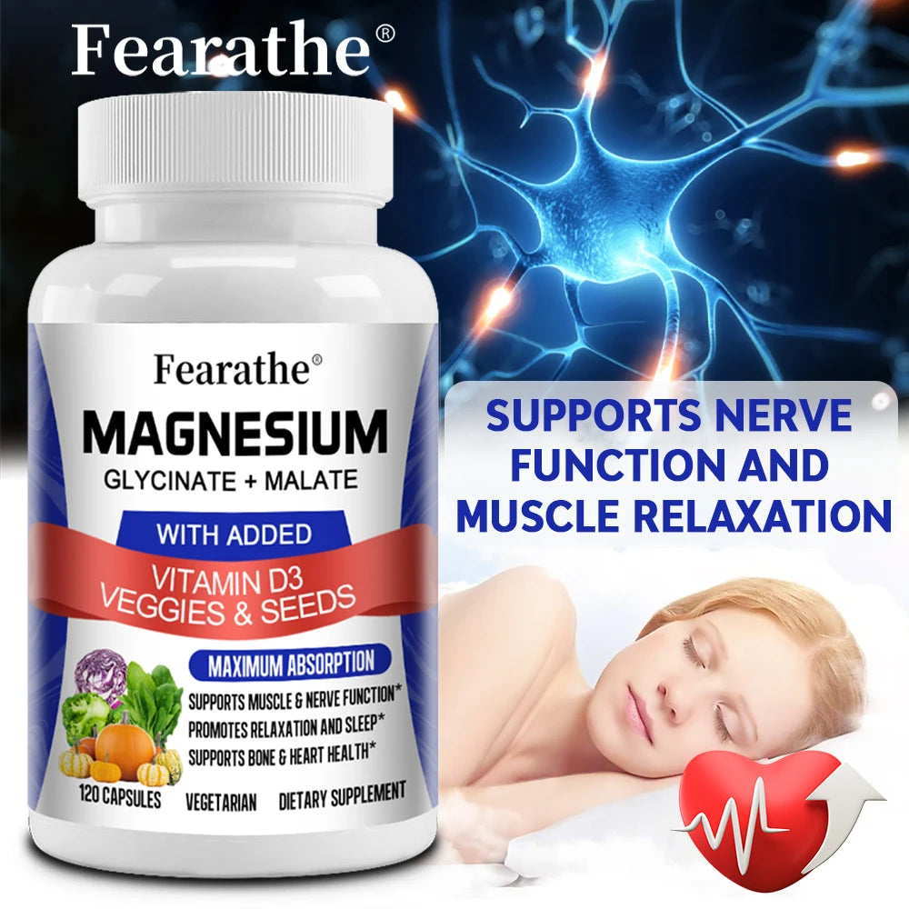 Magnesium Capsules - Magnesium Malate + Glycinate Supplement, Helps Boost Immunity, Promote Heart Health and Strong Bones