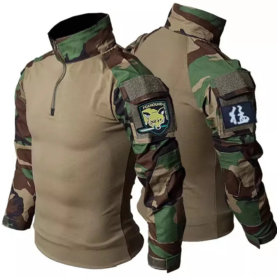 Mens Tactical T-shirt Camouflage Patchwork Outdoor Quick Drying Training Tops Half Zip Stand Collar Waterproof Hunting Pullover