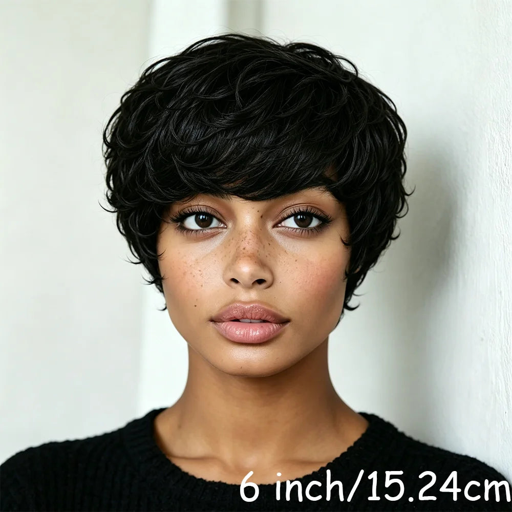 Short Layered Pixie Wigs Human Hair 100% Natural Realistic Tangle Free Pre Plucked Full Machine Made With Bangs For Women