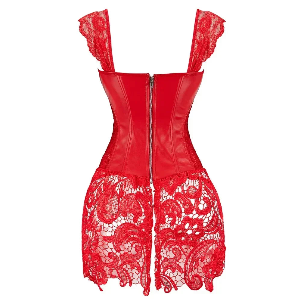 Women Steampunk Corset Dress Gothic Sexy Faux Leather Zipper Bustier Lace Skirt  Korsett Corsets Top