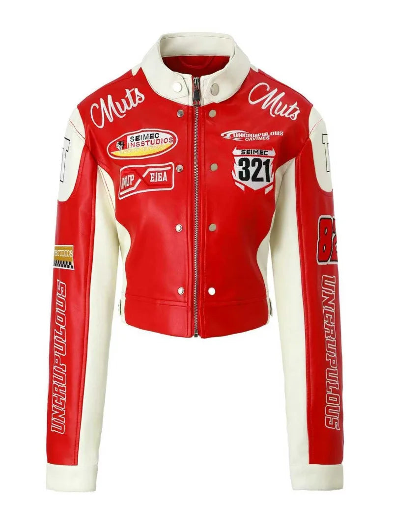 High Quality Soft Embroidery Biker Jacket for Women Cool Short PU Leather Jackets Streetwear Bomber Coats Racing Women Clothing