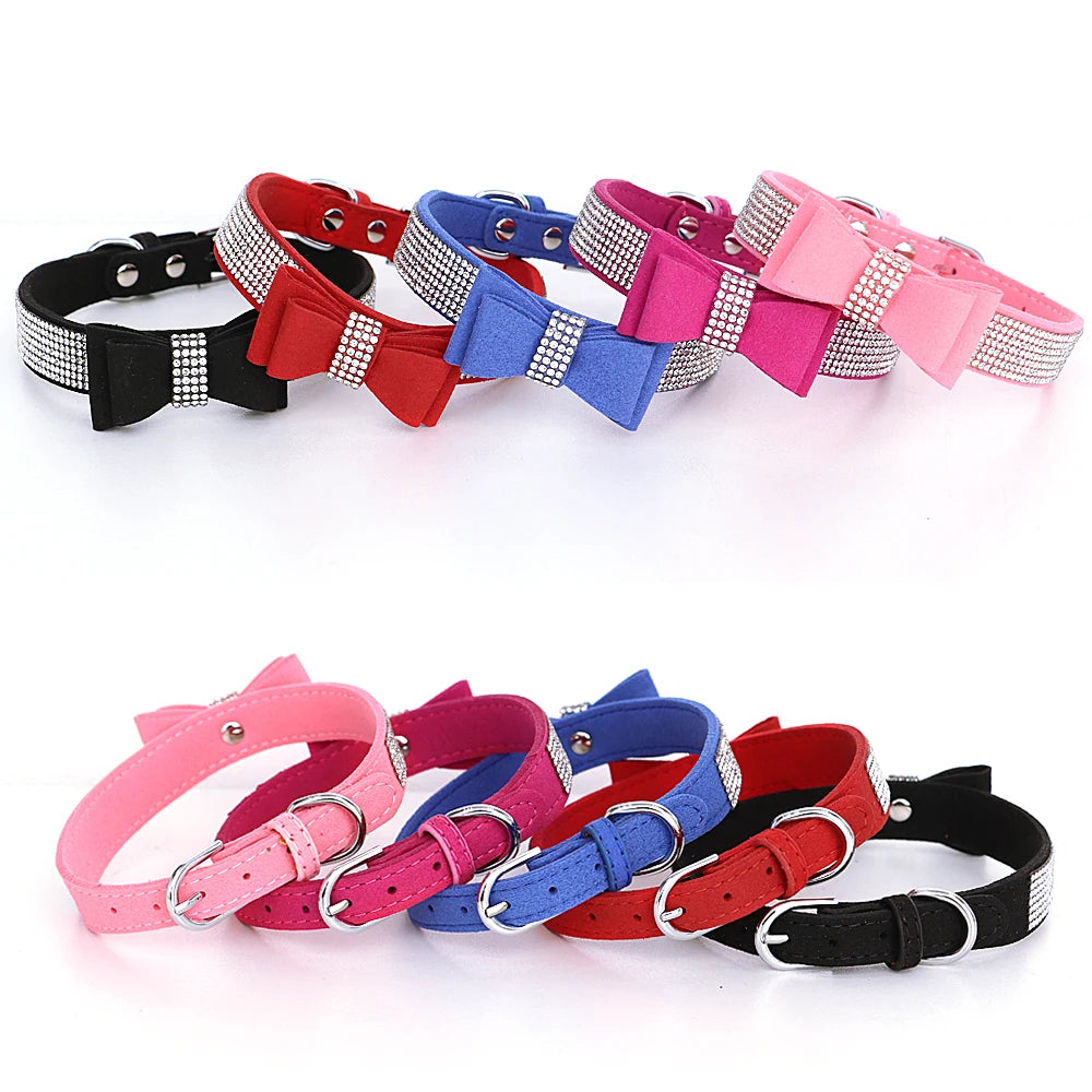 Bling Rhinestone Dog Collar Cute Bowknot Puppy Cat Collars Soft Padded Pet Necklace With Bowtie Warm For Small Dogs Chihuahua