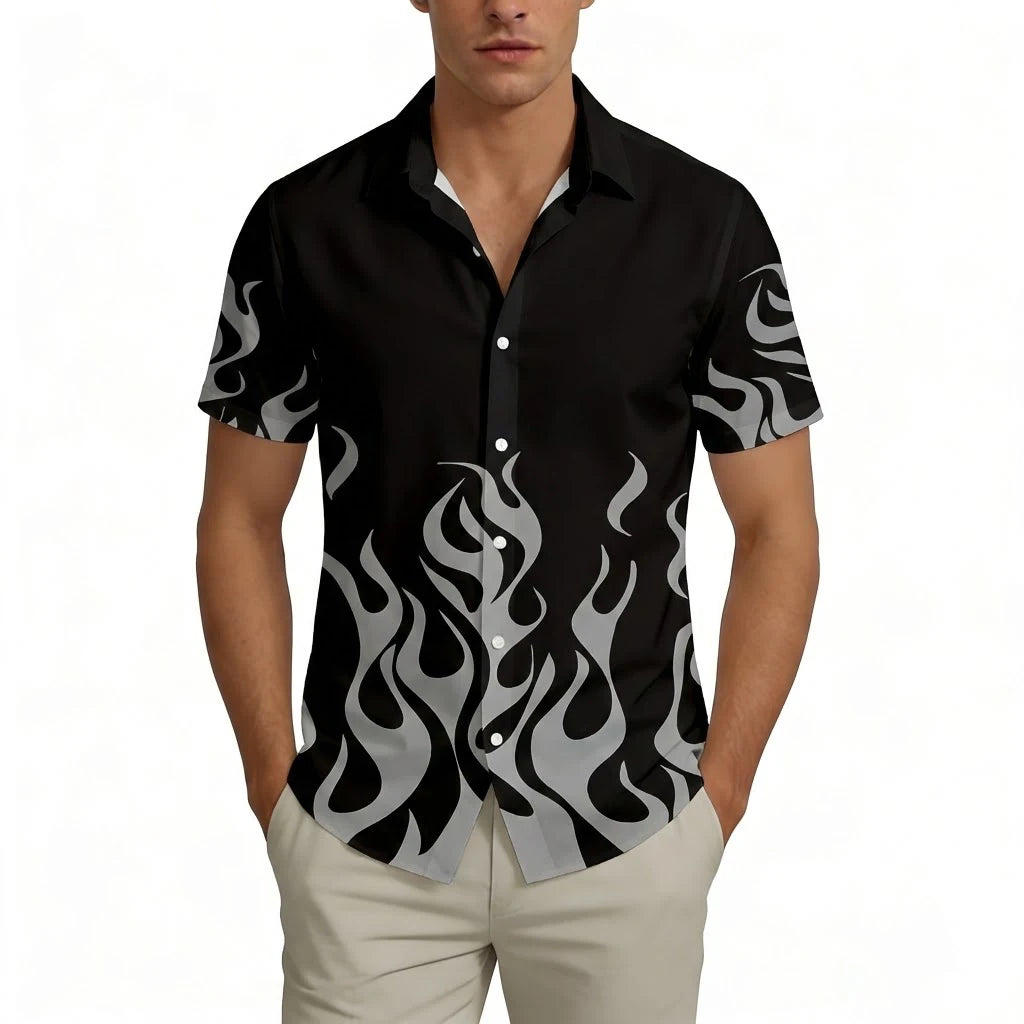 Flame Pattern Hawaiian Shirt Personality Hip Hop Gradient Fire Print Streetwear Skateboard Style Casual Lapel Short Sleeve Tops