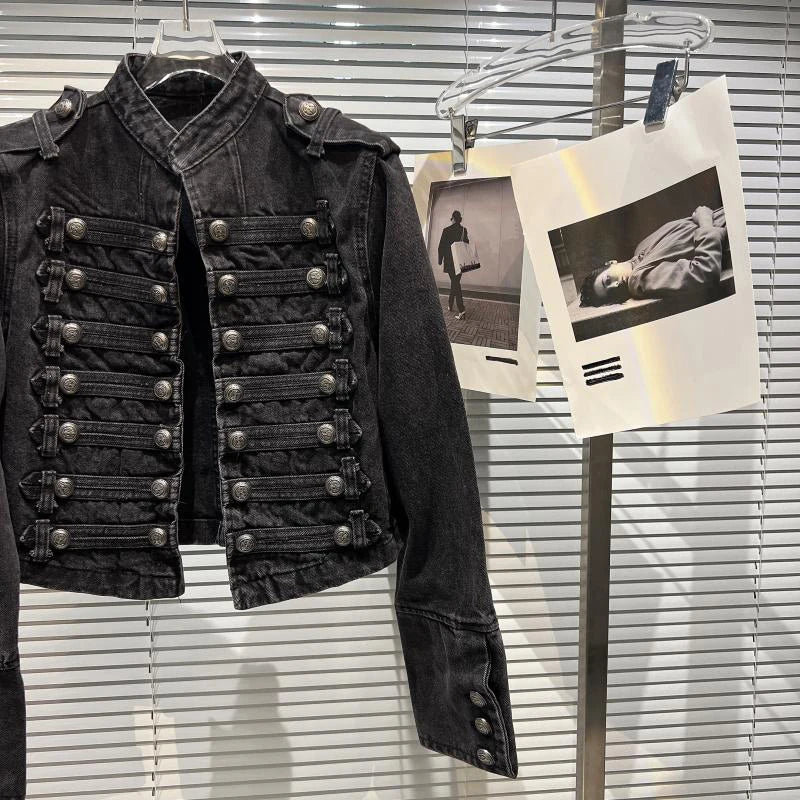 Punk Style Black Stand Up Collar Denim Jackets Vintage Washed Motor Coat For Women 2025 Autumn New Loose Long Sleeve Outerwear