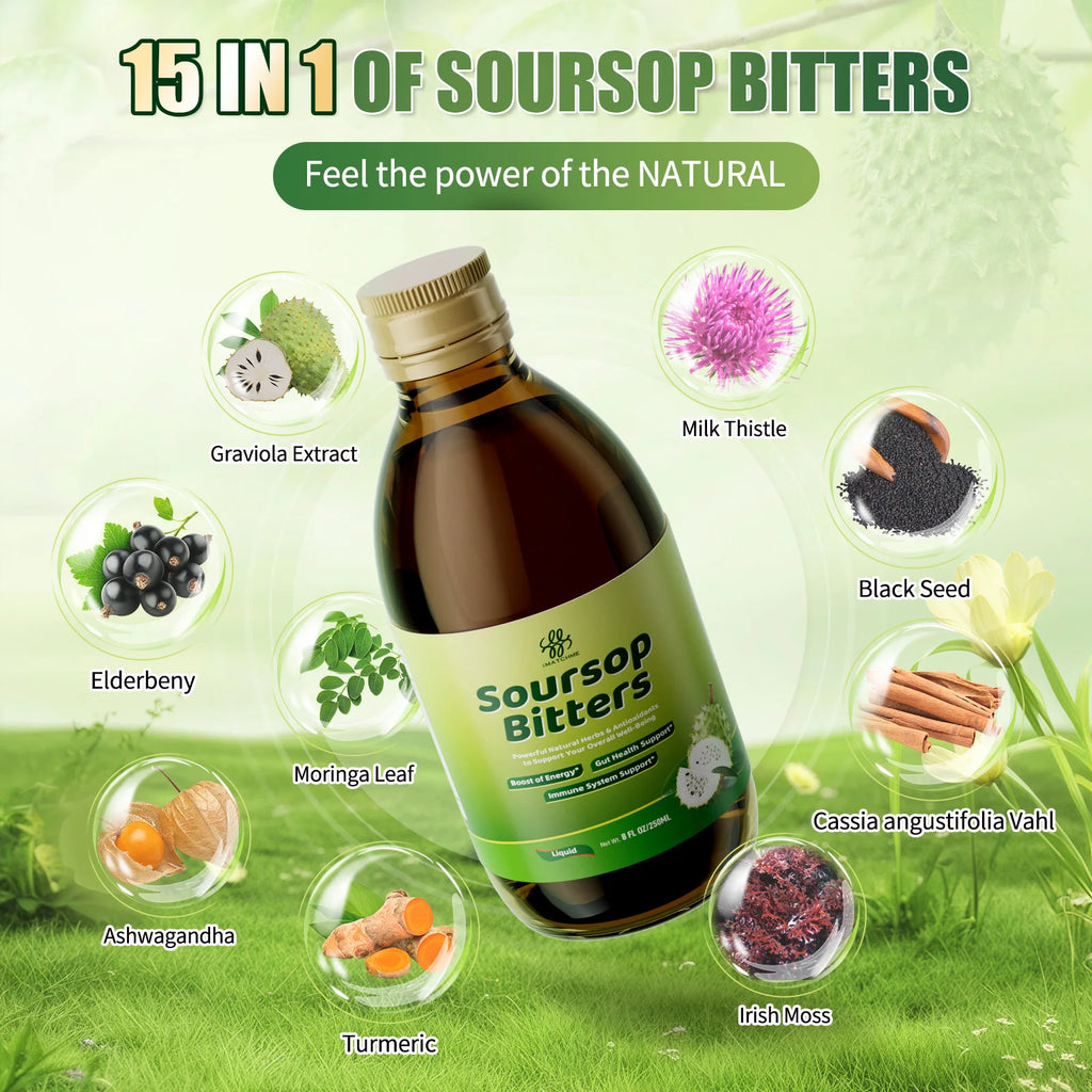 Soursop Bitters Liquid 500ML, Natural Herbal Antioxidant Supplement, Boost Energy, Support Gut Health & Immune System, for Daily