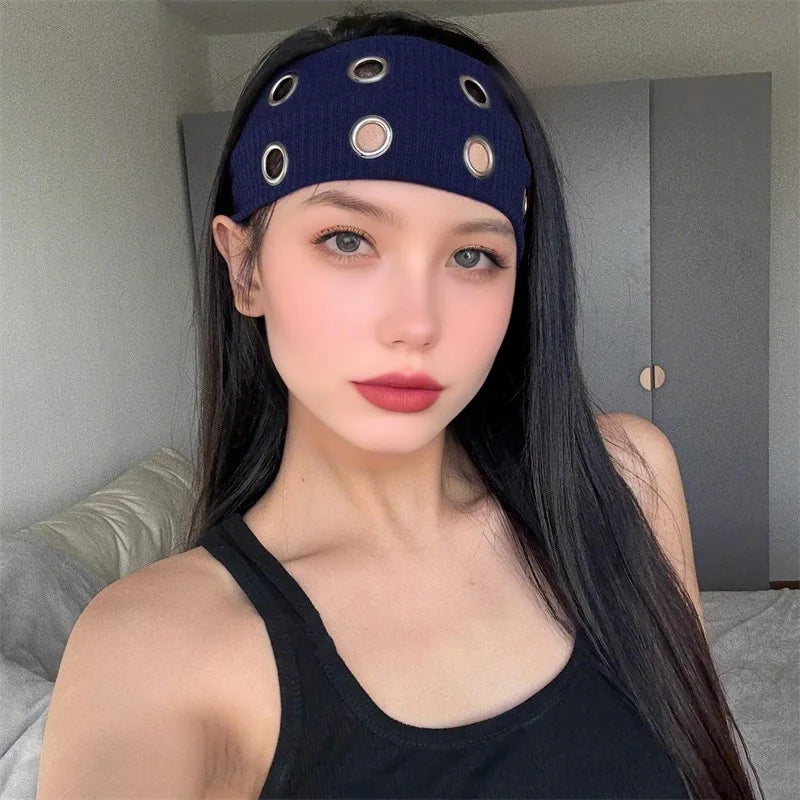 Punk Girl Fabric Hollow Elastic Headbands Metal Rock Personalized Hollow Eyelets Hair Band Casual Sports Grommet Headband