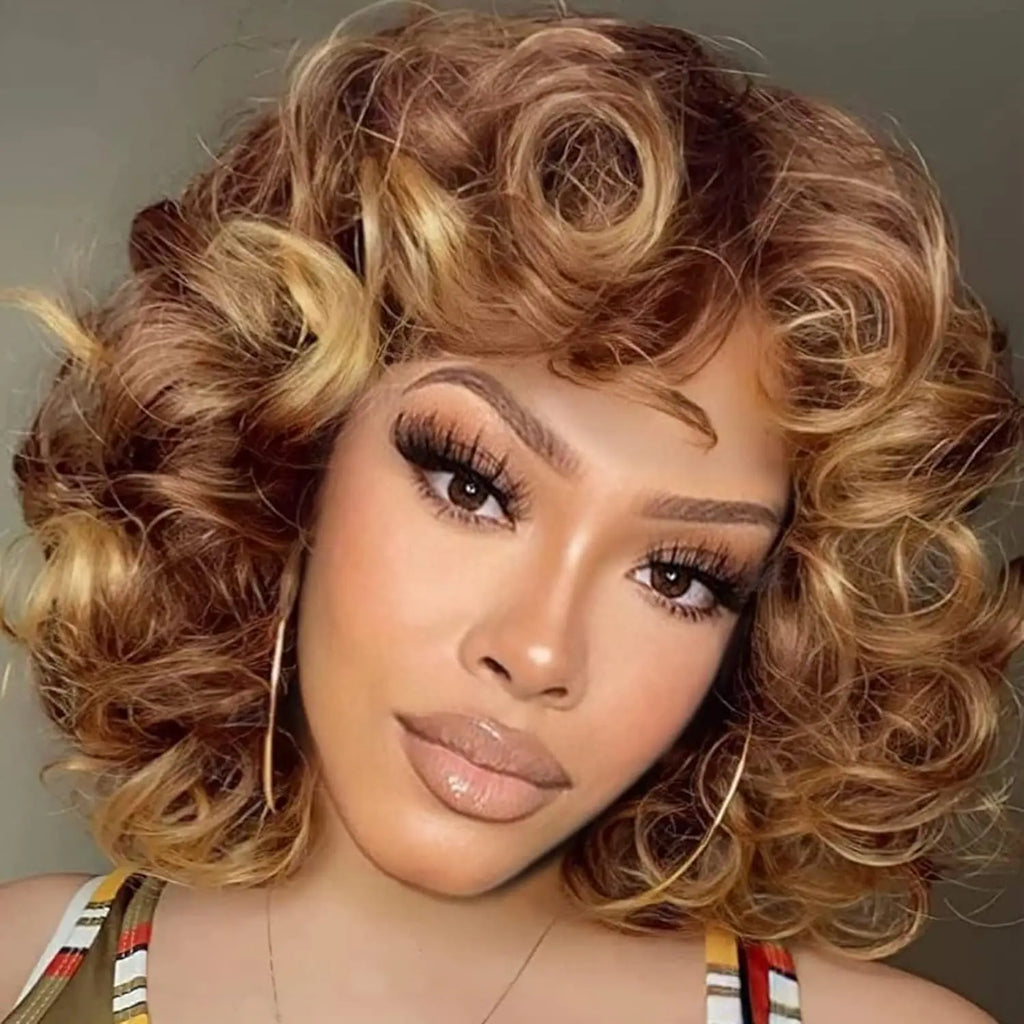 Short Curly Wig for Black Women, Soft Brown Blonde Big Curly Hair with Bangs, African Curly Hair, Heat-Resistant Daily Synthetic Wig for African American Women (T27)