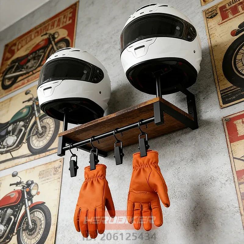 Motorcycle Helmet Wall Mount Wooden Shelf With Adjustable Hooks Sturdy Durable Storage For Motocross Bicycle Accessories