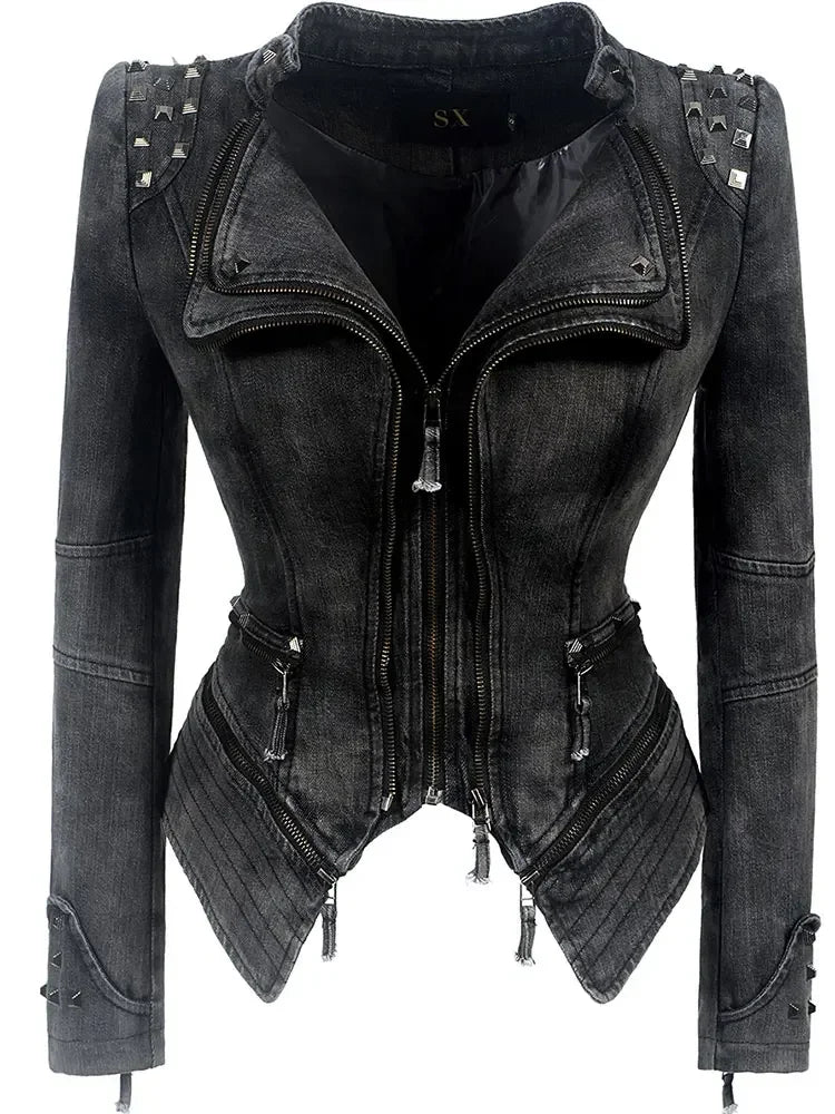 Punk Rivet Short Denim Slim Jackets Women Wash Long Sleeve Vintage Casual Studs Jean Outerwear Motorcycle Denim Coat Large Size