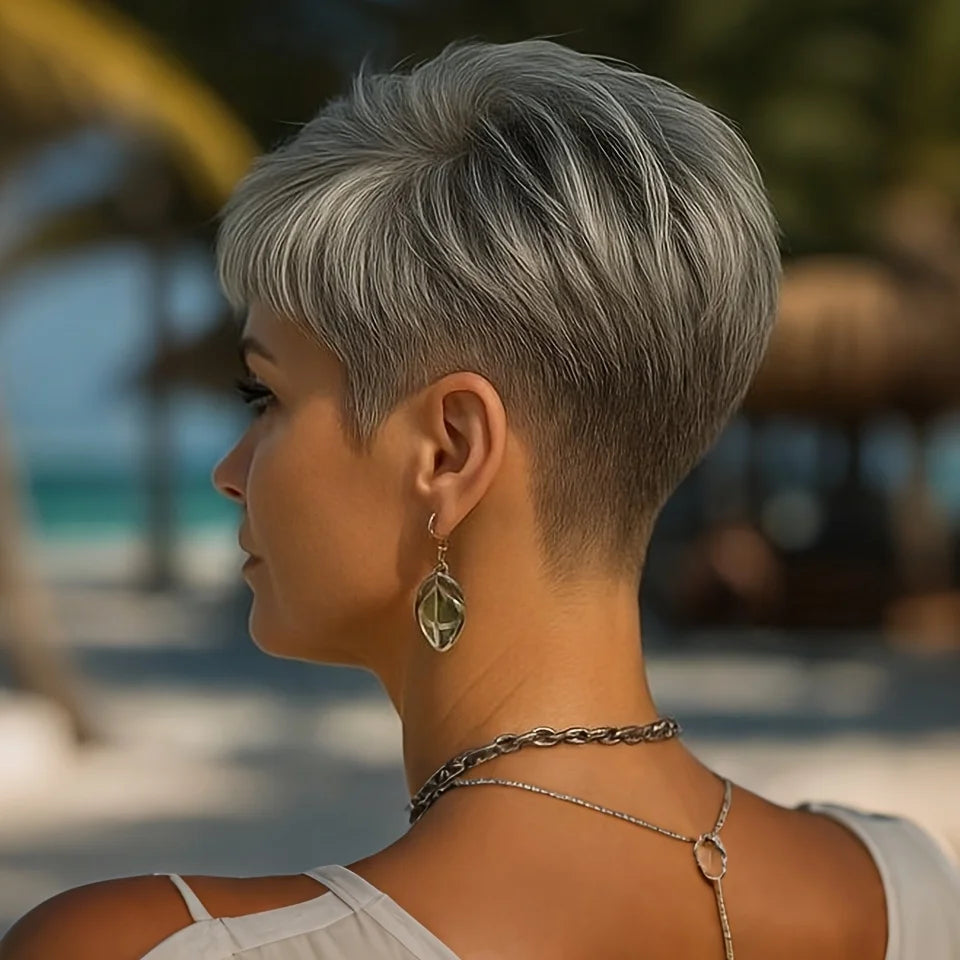 Short Gray Human Hair Wig for Women with Bangs Layered Pixie Cut Straight Hair with Machine Made Wig