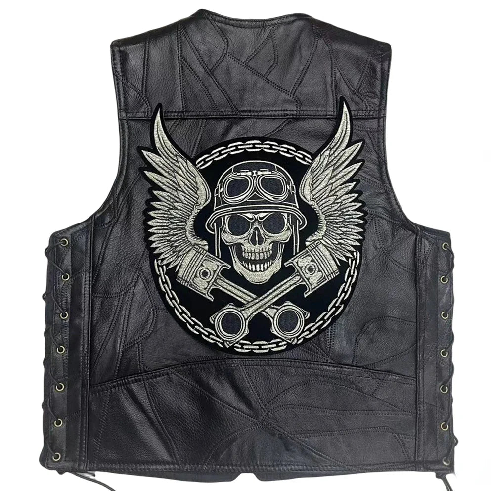 New Motorcycle Riding Leather Vest Embroidery Moto Sleeveless Jacket Waistcoat Street Fashion Biker Vests Punk Veste for Man