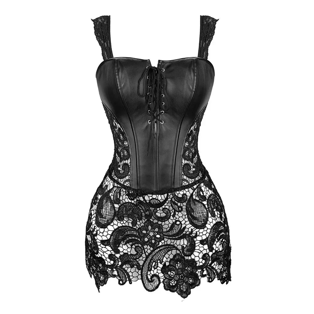 Women Steampunk Corset Dress Gothic Sexy Faux Leather Zipper Bustier Lace Skirt  Korsett Corsets Top