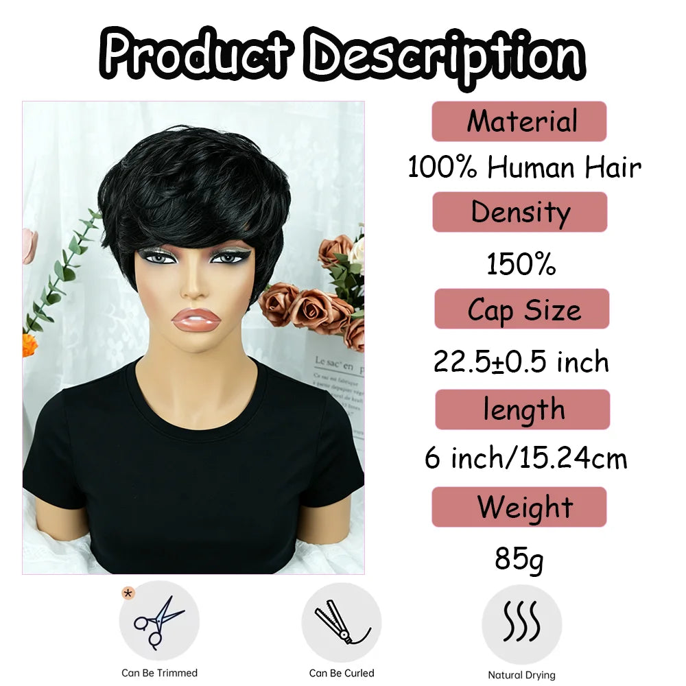 Short Layered Pixie Wigs Human Hair 100% Natural Realistic Tangle Free Pre Plucked Full Machine Made With Bangs For Women