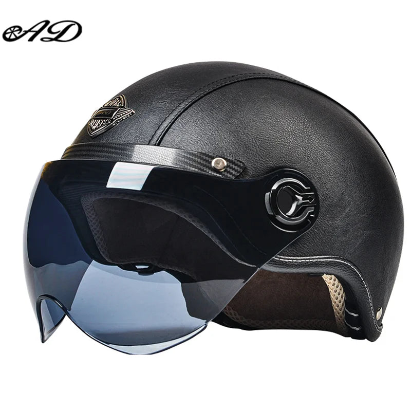 AD Retro Motorcycle Helmets with Harley Visor Leather Helmet for Man Electric Motorbike Vintage Protected Motor Safety Cap
