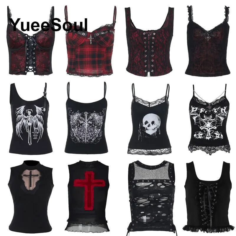 Gothic Crop Tops Black Lace Mesh Tanks Tops 2026 New Y2K Goth Punk Grunge Fairy Core Sexy Y2K Halloween 2000s Women Clothing