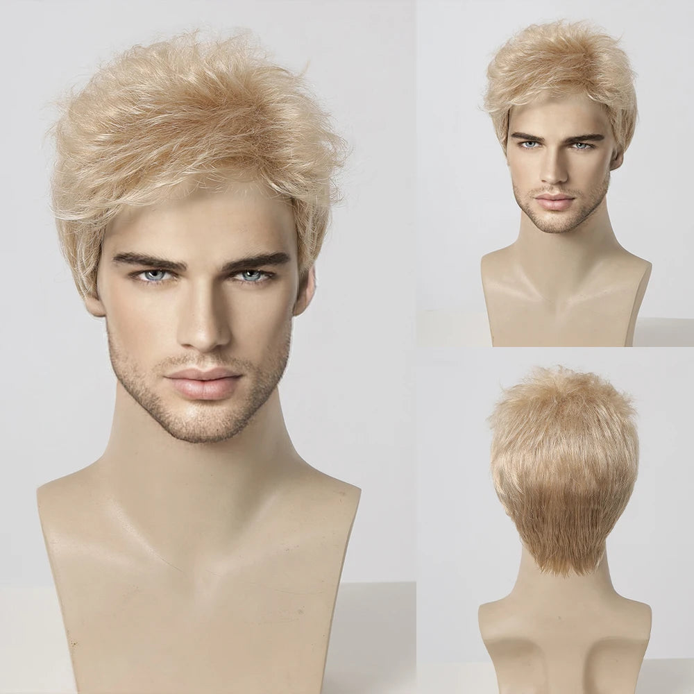 ALAN EATON Dark Brown Short Wig for Men Side Part Synthetic Layered Wigs with Bangs Natural Looking Synthetic Hair Full Wig
