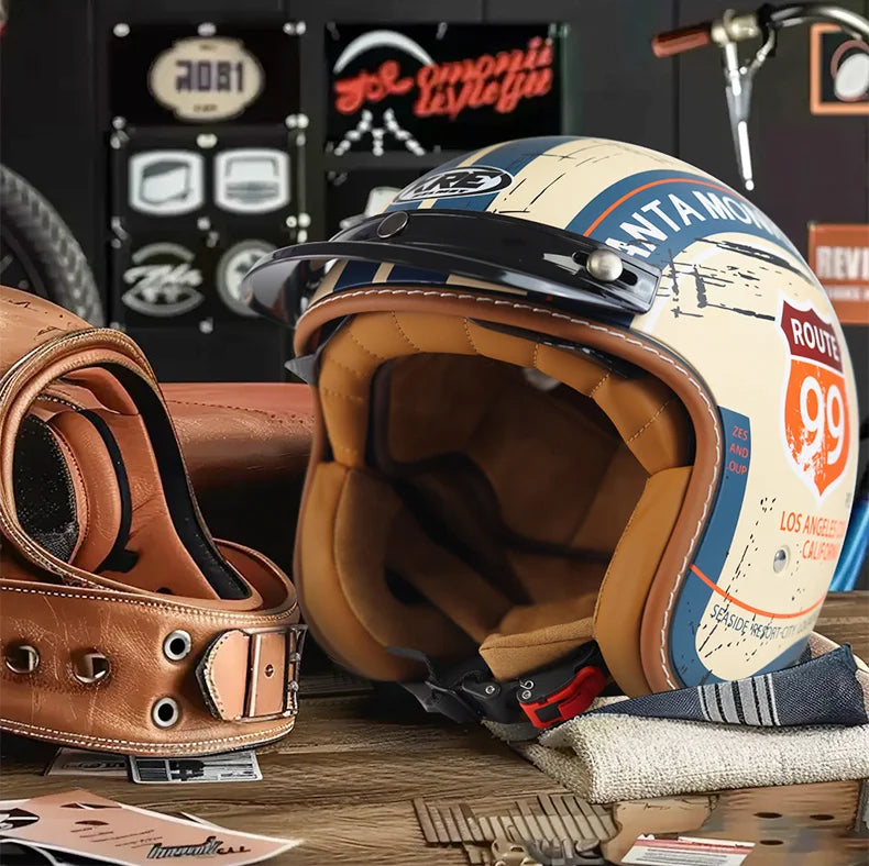 Vintage Motorcycle Helmet Summer 3/4 Open Face Helmet Electric Vehicle Locomotive Men and Women Outdoor Riding Locomotive Helmet