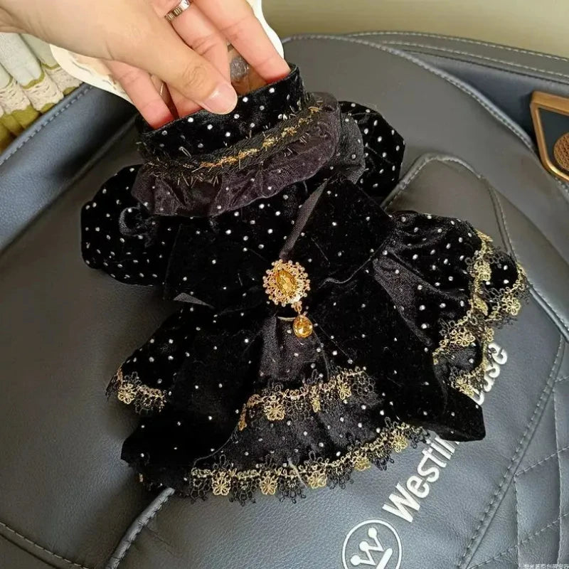Pet Dog Dress - Velvet Black Gold Fashion Clothing  Cute Chihuahua & Small Dogs  Print Girlish Style  Mascotas Mascotas Outfit