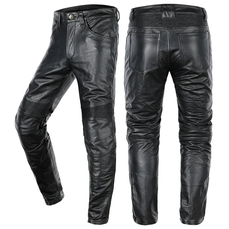 Motorcycle Biker Windproof Genuine Leather Pants Punk Style Skinny Slim Fit Leather Cowhide Pencil Pants Black Riding Trousers