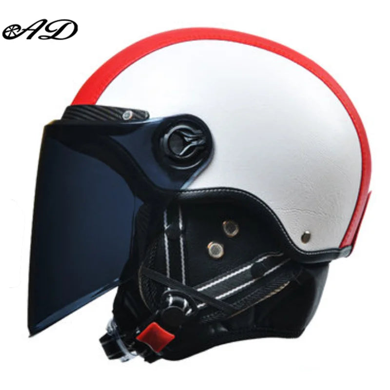 AD Retro Motorcycle Helmets with Harley Visor Leather Helmet for Man Electric Motorbike Vintage Protected Motor Safety Cap