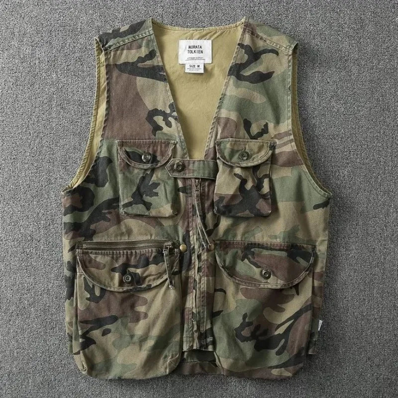 American Style Tactical Vest Men's Camouflage Outdoor Canvas Workwear Jacket Loose Fit V-Neck Single Button Closure Cotton